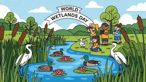 Children celebrate world wetlands day by observing wildlife in a serene natural pond ecosystem with ducks water lilies and lush greenery