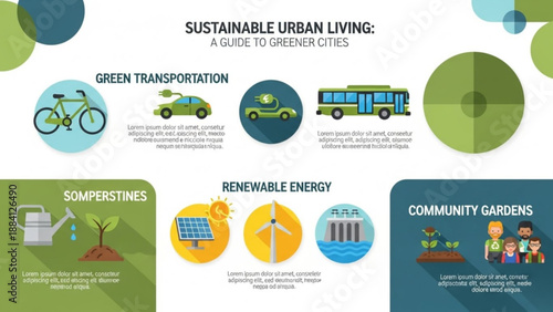 Sustainable urban living infographic green transportation renewable energy and community gardens promoting eco friendly city lifestyle and environmental conservation