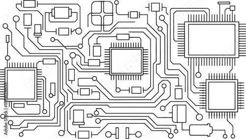 Black and white sketched electronic circuit board with multiple microchips technology schematic