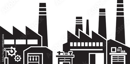 Black and white sketched factory buildings with smokestacks and gears industrial chimney