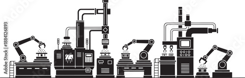 Black and white sketched factory line with robotic arms and machinery industrial manufacturing