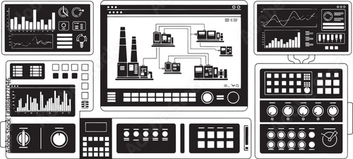 Black and white sketched industrial control panel with graphs and diagrams factory machinery