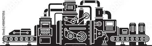 Black and white sketched industrial factory conveyor belt machinery with gears and pipes