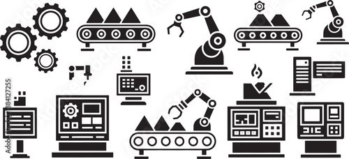 Black and white sketched industrial machinery and computer