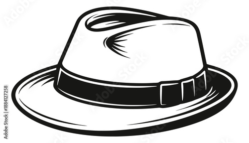 Classic hand drawn line art illustration of a fedora hat depicting its iconic shape for retro fashion