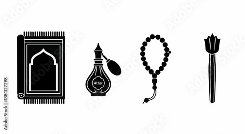 Comprehensive Icon Set of Essential Islamic Prayer Items, Traditional Perfume, Prayer Beads, and Miswak Toothbrush
