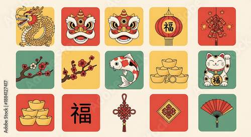 Collection of Traditional Chinese New Year Symbols and Icons Displayed in a Grid Pattern
