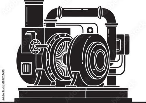 Black and white sketched industrial pump with pipes and engine machinery mechanical