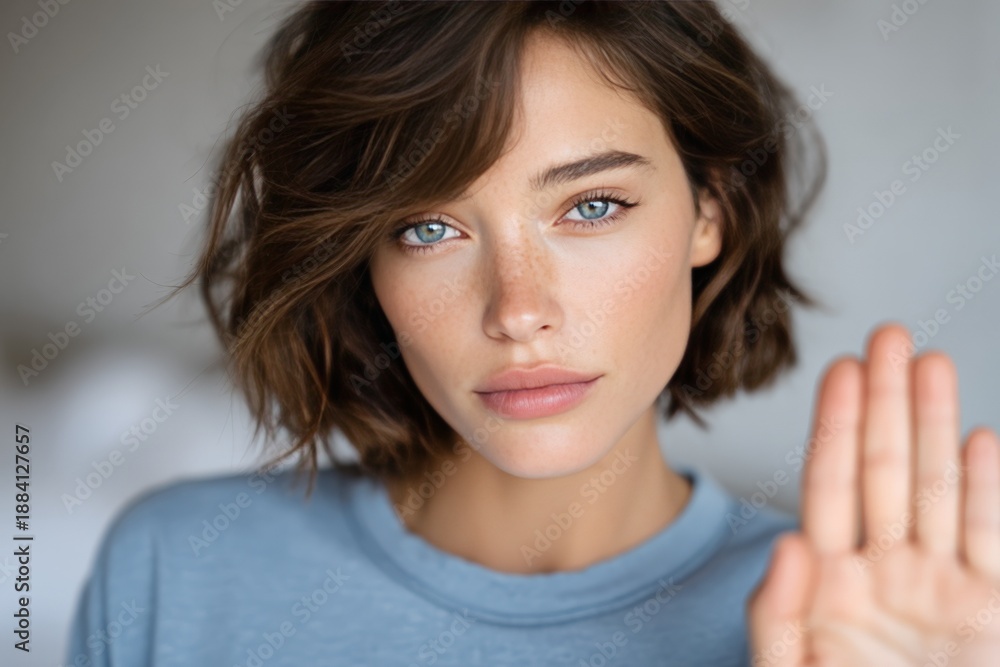 Fototapeta premium Young caucasian female with short hair showing hand gesture in minimalist blue attire
