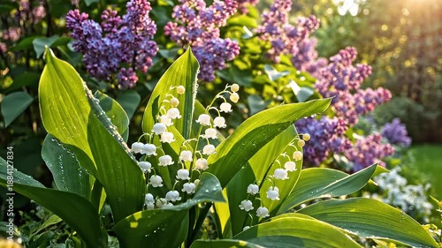 Wallpaper Mural Enchanting Spring Garden: Lilies of the Valley and Lilacs in Golden Sunlight Torontodigital.ca