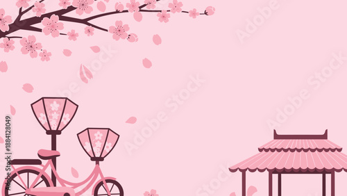 Cherry Blossom Spring Bicycle and Gazebo with Falling Petals