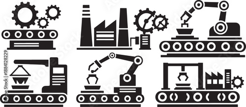 Black and white sketched of industrial machinery and factory equipment gears conveyor belt