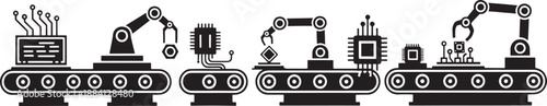 Black and white sketched of robotic arms assembling electronic components on a factory line assembly
