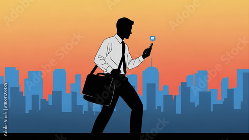 Silhouette of a businessman holding a magnifying glass looking for something.