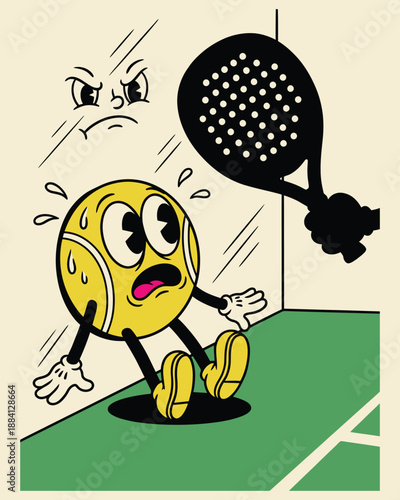 Retro Cartoon Padel Ball Panic Facing the Paddle Racket