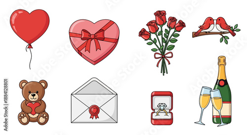 A collection of romantic and Valentine's Day themed items including a heart balloon, chocolates, roses, lovebirds, a teddy bear, an envelope, a diamond ring, and champagne.