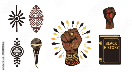 A collection of diverse symbols representing Black history, culture, empowerment, and advocacy, including raised fists, traditional patterns, a microphone, and a 'Black History' book.