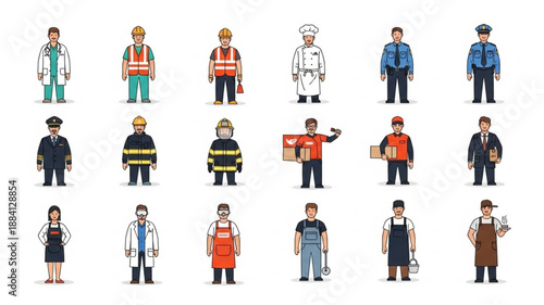 Collection of Diverse Professional Workers in Uniforms and Attire.