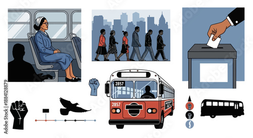 Illustrations depicting key moments and symbols of the American Civil Rights Movement, including bus segregation, marches, voting rights, and symbols of freedom and protest.
