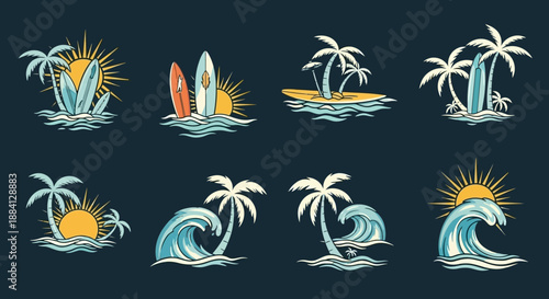 A collection of vintage-style tropical beach and surfing illustrations with palm trees, surfboards, sun, and ocean waves.