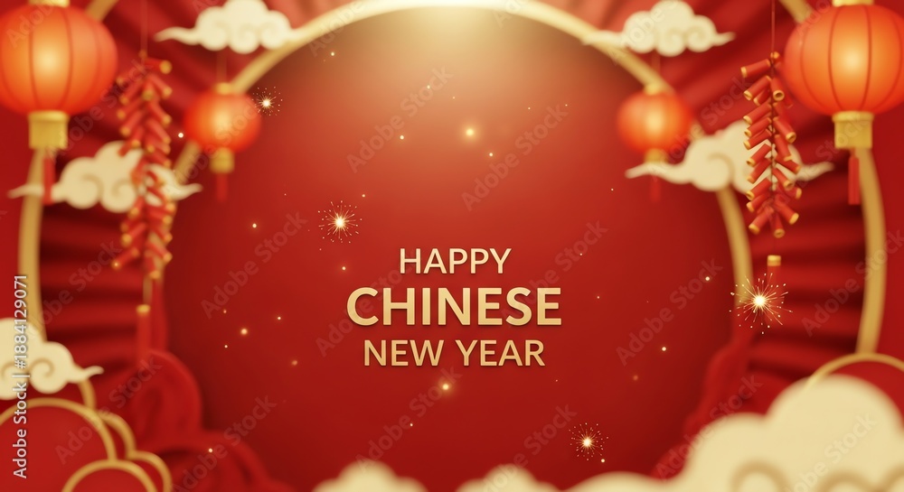 Naklejka premium Chinese New Year celebration with lanterns and clouds