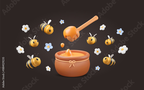 Honey and beekeeping banner with 3D Pot, bees, flowers and dipper with syrup. Rural jar with farm product. Vector illustration. Buds, abstract insects flying on black background.