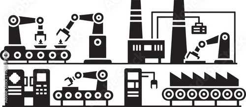Black industrial factory scene with robotic arms and conveyor belts manufacturing production