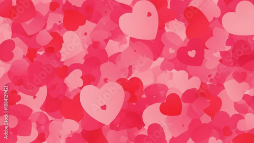 Vibrant pink and red heart shapes in various sizes and shades overlapping in a romantic background texture for love and valentine's day concepts