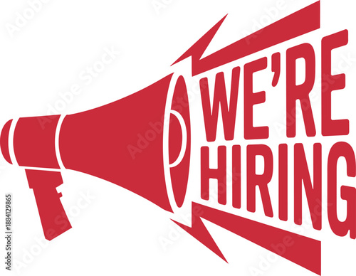 We’re hiring megaphone badge, bold recruitment announcement design for job openings, career advertising and hiring campaigns, vector illustration