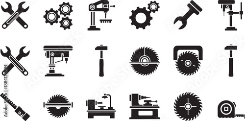 Black silhouette of workshop tools and machinery on white background wrench spanner