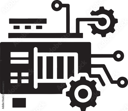 Black sketched mechanical device with gears and circuits on white background machine cogs