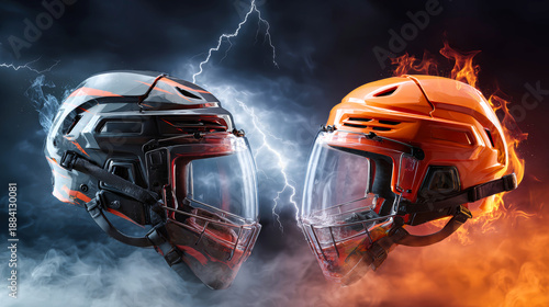 Two hockey helmets face each other, engulfed in flames against a backdrop of lightning. The scene captures rivalry and competition in a dynamic way