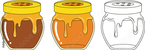 Honey jar vector set with dripping honey in colored and outline styles for food packaging and sweet design