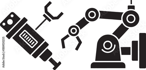 Black sketched of industrial robotic arms and a drill on white background robot arm automation