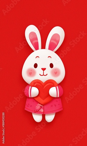 Cute bunny holding a heart-shaped pattern on a red background - Valentine's Day card in a cartoon paper style.