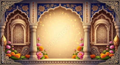 Royal Mughal Palace Wedding Frame With Marble Arches And Mandap Pillars