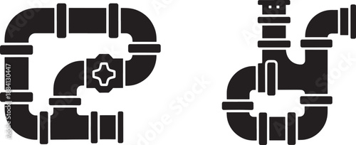 Black sketched plumbing pipes and valve on white background industrial