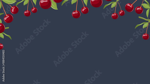 Sweet summer vector background with ripe red cherries and green leaves on the dark. Botanical fruit frame perfect for web design, ads, packaging, seasonal promotions.