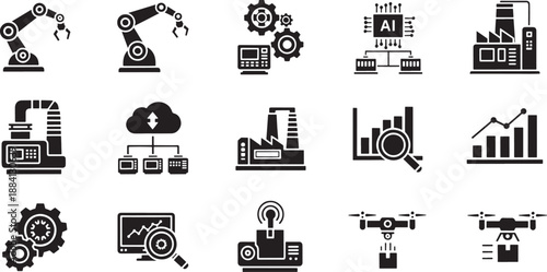 Collection of black industrial automation and technology on white background factory robot arm