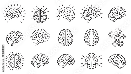 Collection of hand drawn brain illustrations with creative concept symbols