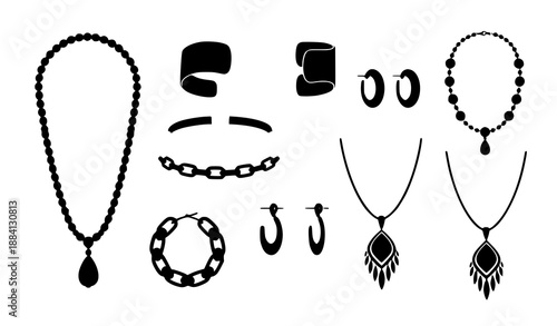 Black jewelry vector set with necklaces, bracelets, earrings, pearls, beads, and chains