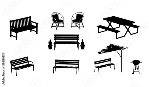Vector set of cartoon garden benches, picnic tables, and outdoor wicker furniture for parks and backyards
