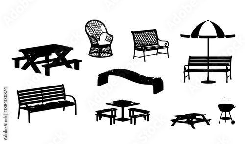 Outdoor cartoon furniture vector collection with park benches, picnic tables, and wicker chairs