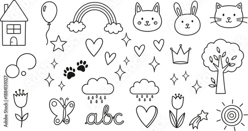 Hand Drawn Cute Doodle Elements Vector Set with Animals Hearts Rainbow Clouds Flowers and Kids Decorative Icons