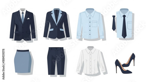 Collection of professional business attire for women and men.
