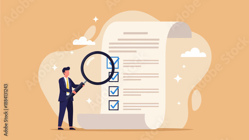 A businessman uses a large magnifying glass to closely inspect a giant scroll featuring a completed checklist, symbolizing thorough verification and success