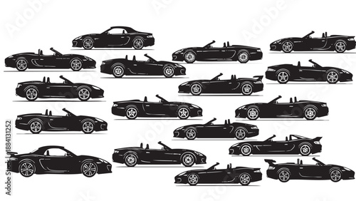 Collection of luxury convertible sports cars isolated on transparent background