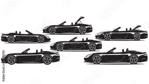 Collection of luxury convertible sports cars with open roofs isolated
