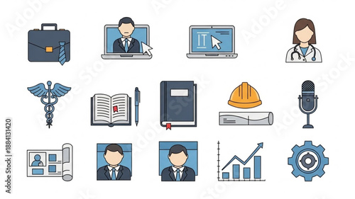 Collection of professional and educational icons representing various careers and industries.
