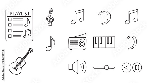 Collection of music related icons and symbols with ukulele illustration